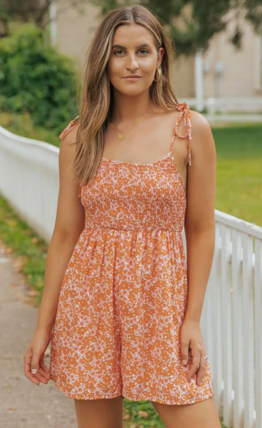 Orange Boho Floral Print Shirred Thin Straps Romper