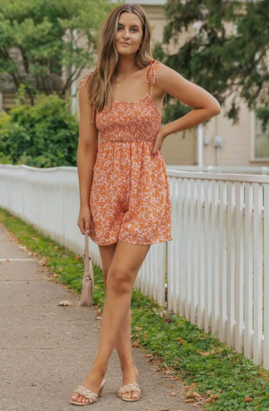 Orange Boho Floral Print Shirred Thin Straps Romper