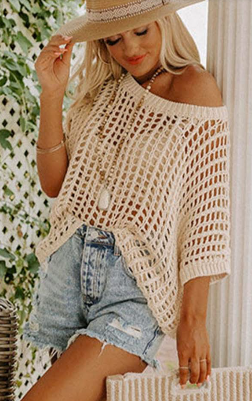 Ivory Fishnet Knit Ribbed Round Neck Short Sleeve Sweater Tee