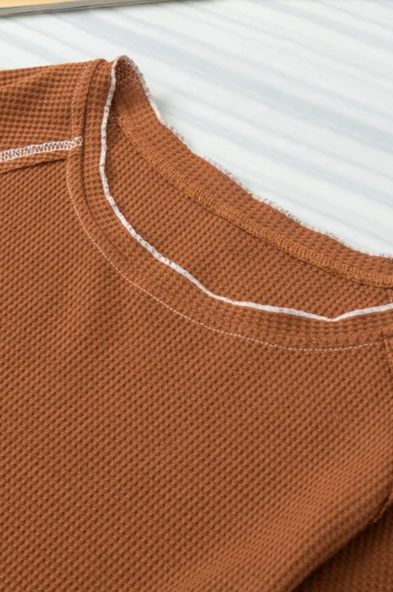 Chestnut Contrast Seam Frilly Edge Waffle Knit T-shirt