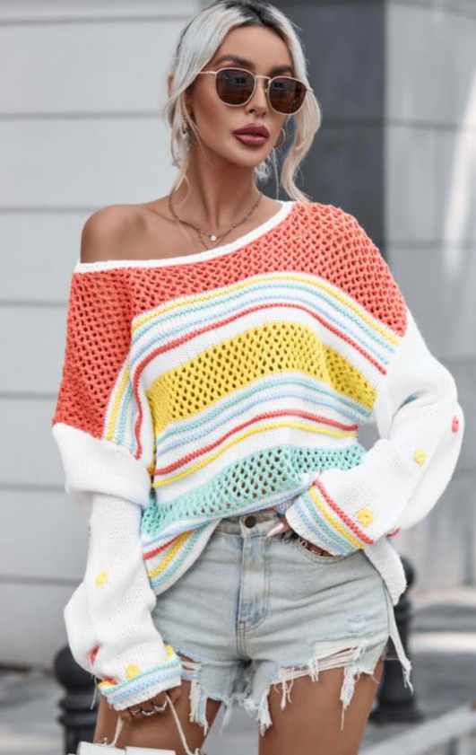 Multicolor Hollow Striped Knit Contrast Sleeve Sweater