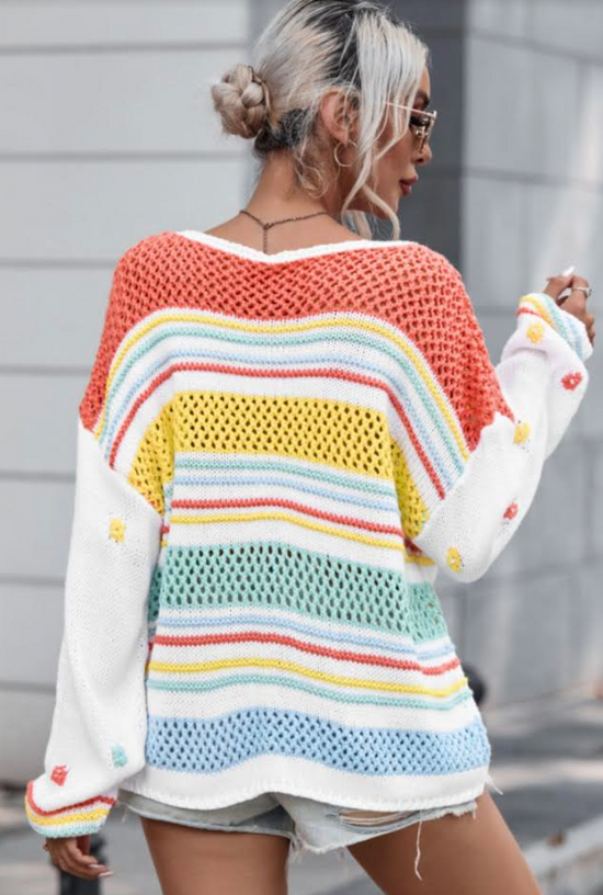 Multicolor Hollow Striped Knit Contrast Sleeve Sweater