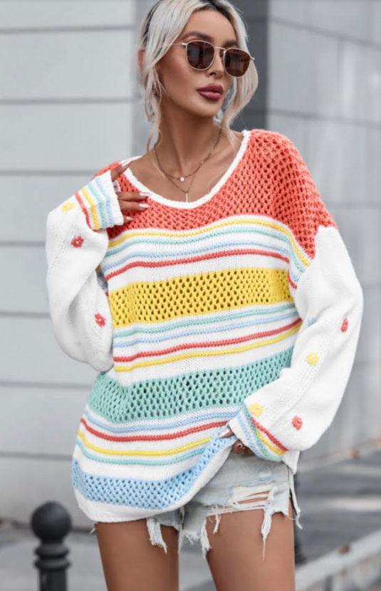 Multicolor Hollow Striped Knit Contrast Sleeve Sweater