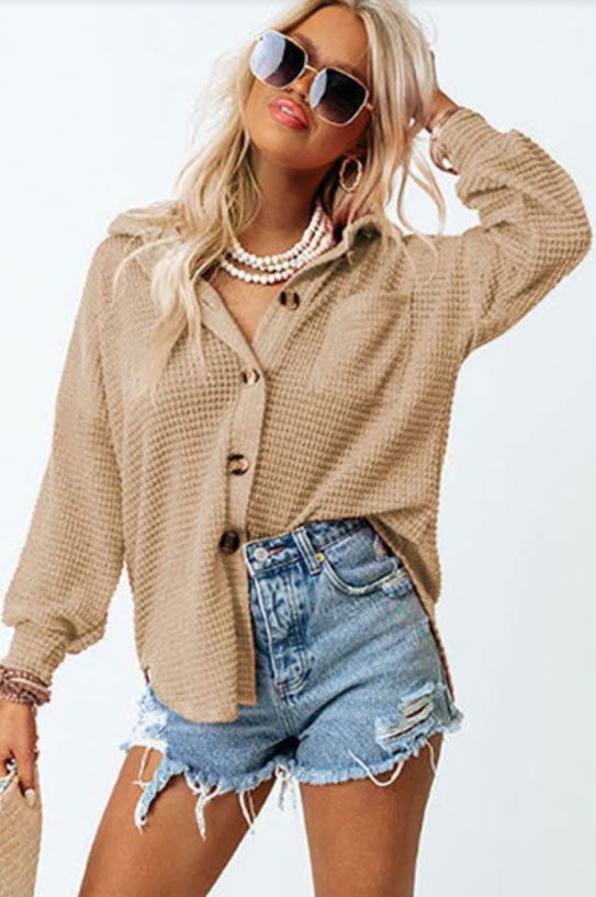 Waffle Knit Button Up Casual Shirt