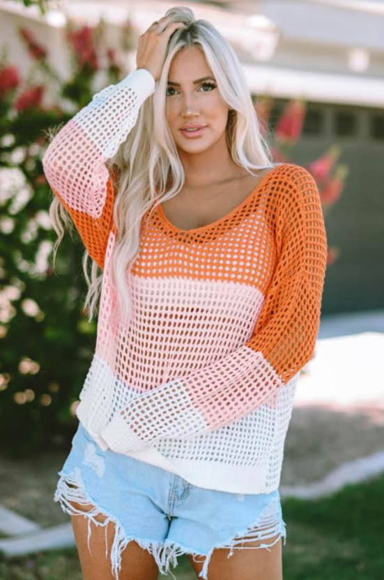 Beautiful Color Block Eyelet Long Sleeve Twisted Back Knit Top
