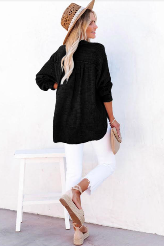 Crinkle Texture Loose Henley Top