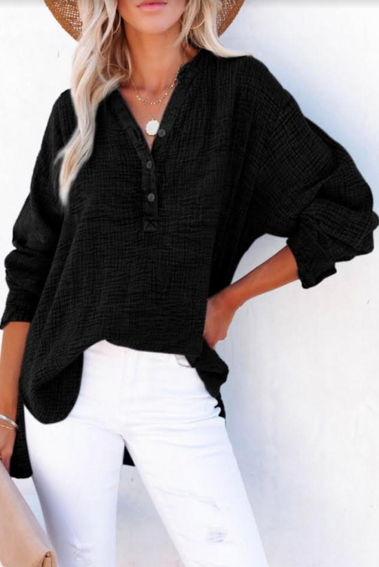 Crinkle Texture Loose Henley Top