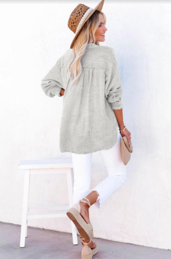 Crinkle Texture Loose Henley Top