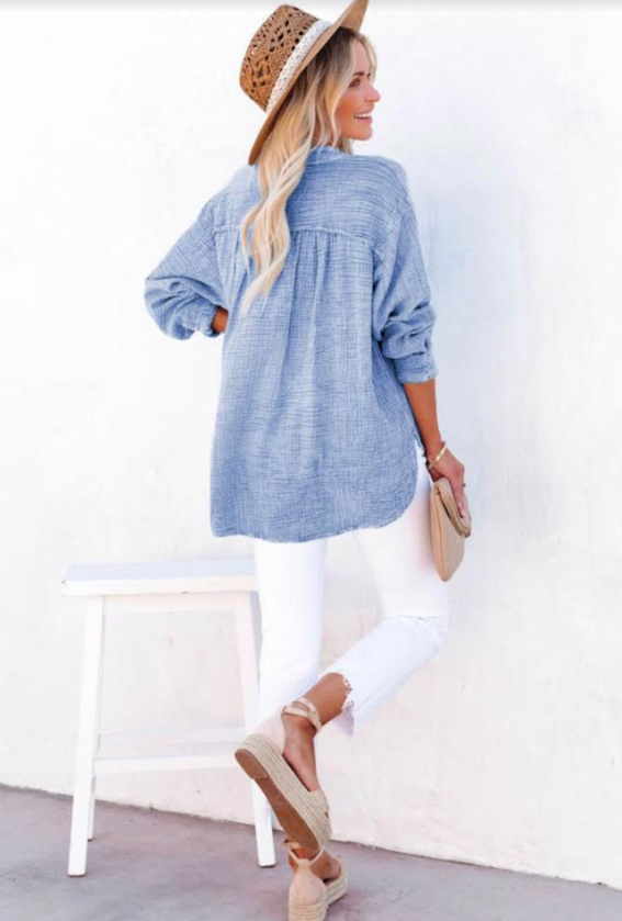 Crinkle Texture Loose Henley Top