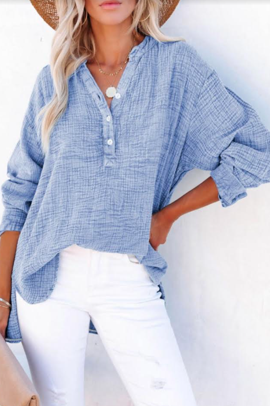 Crinkle Texture Loose Henley Top