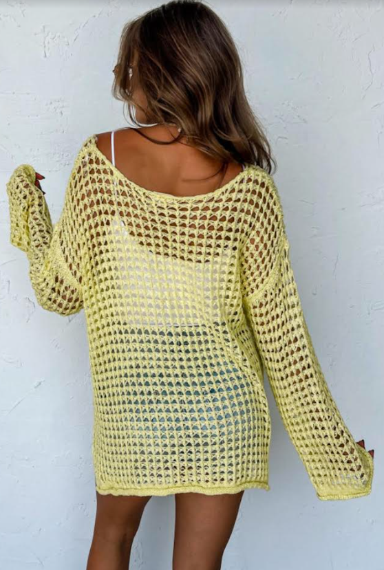 Yellow Open Knit Crochet Bell Sleeve Tunic Sweater Top