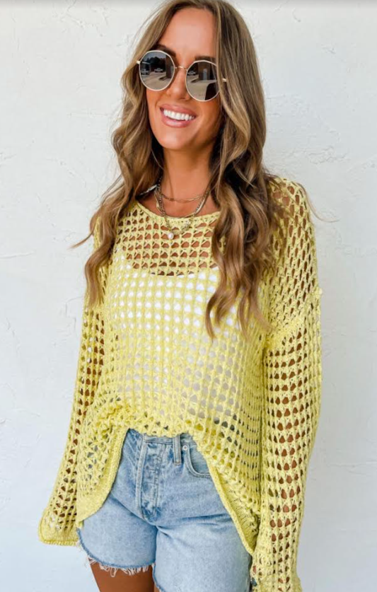 Yellow Open Knit Crochet Bell Sleeve Tunic Sweater Top