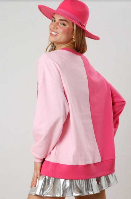 Pink Color Block Sequined Cowgirl Boots Graphic Sweatshirt