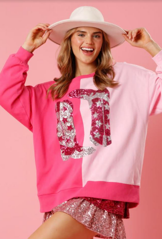 Pink Color Block Sequined Cowgirl Boots Graphic Sweatshirt