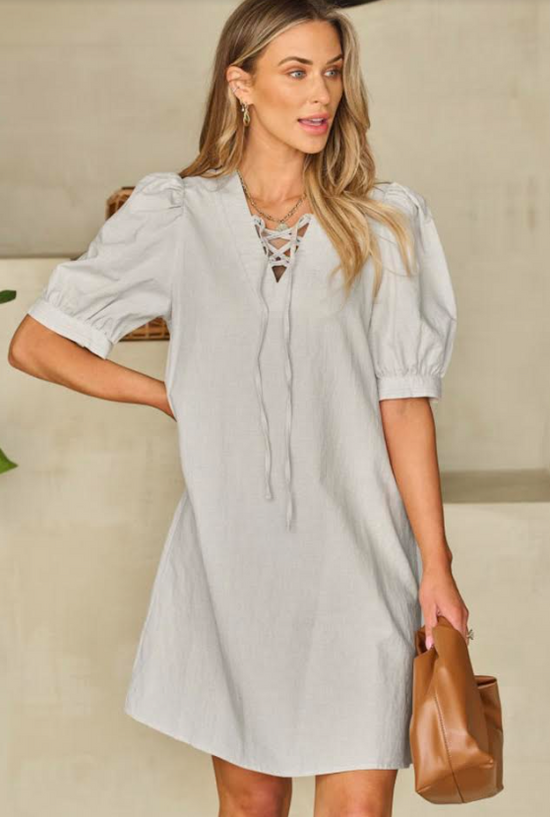 Gray Lace-up V Neck Bubble Sleeve Short Shift Dress