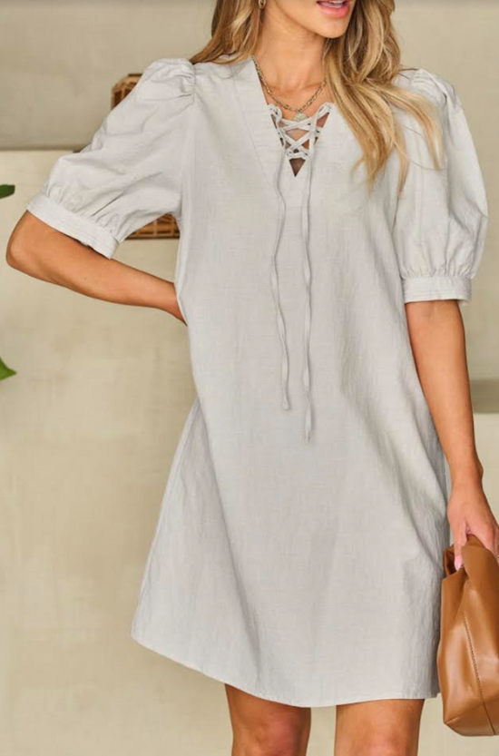 Gray Lace-up V Neck Bubble Sleeve Short Shift Dress