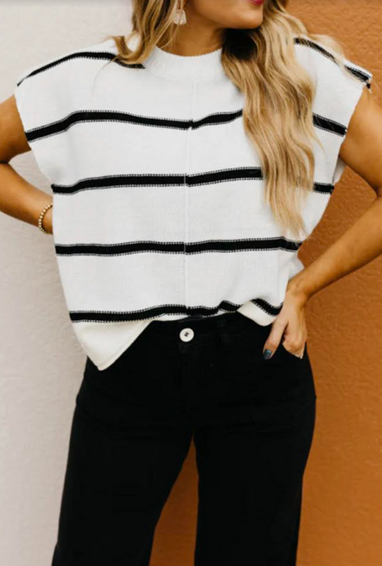 White/Black Striped Batwing Sleeve Sweater Tee