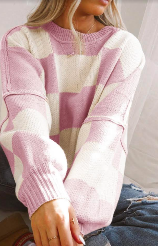 Pink Checkered Bishop Sleeve Sweater