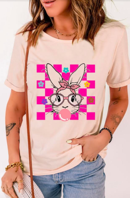 Pink Easter Rabbit Checkered Flower Print O-neck T Shirt