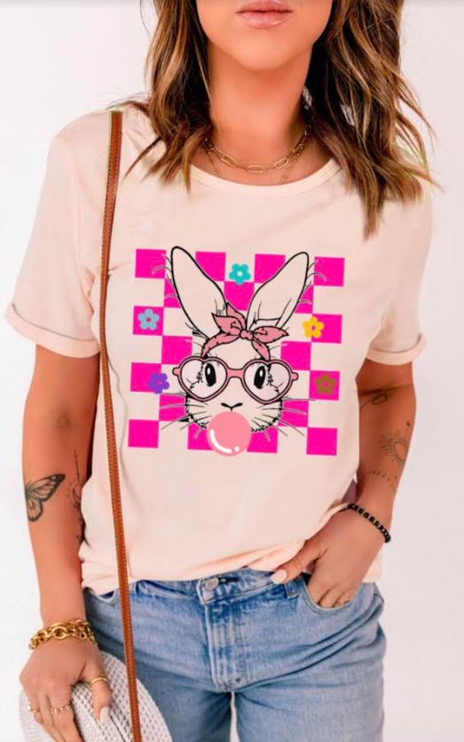 Pink Easter Rabbit Checkered Flower Print O-neck T Shirt