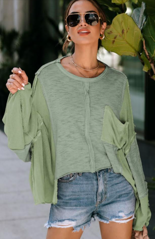 Exposed Seam Chest Pocket Loose Sleeve Oversized Top