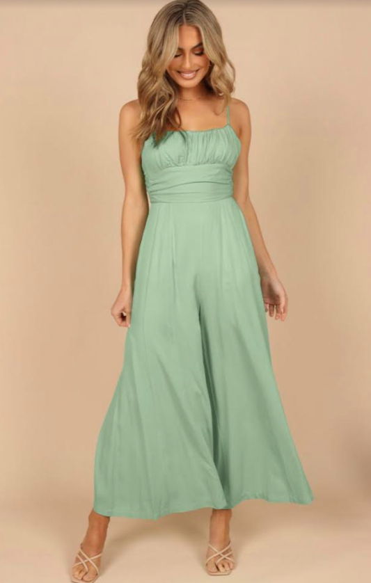 Pistachio Green Spaghetti Straps Backless Knot Wide-Leg Jumpsuit