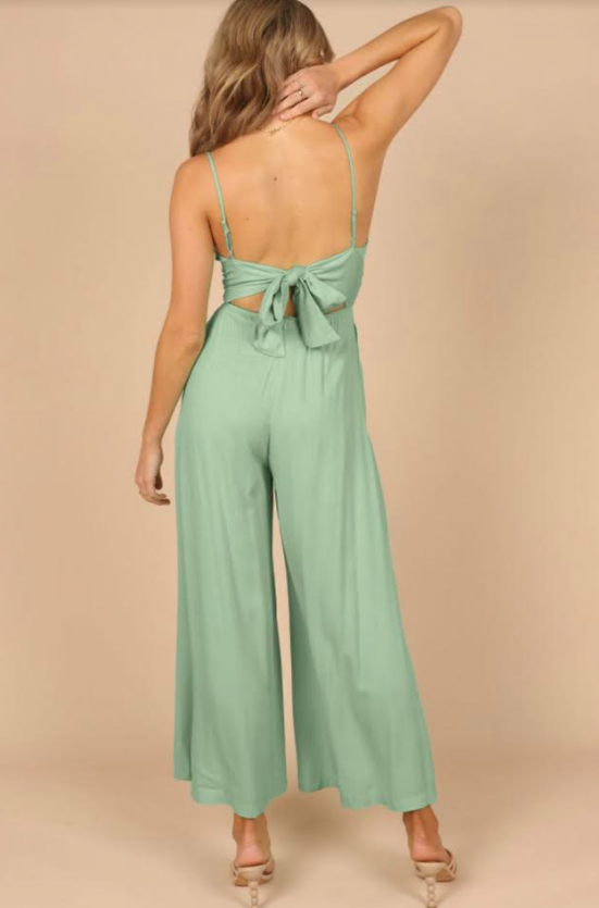 Pistachio Green Spaghetti Straps Backless Knot Wide-Leg Jumpsuit