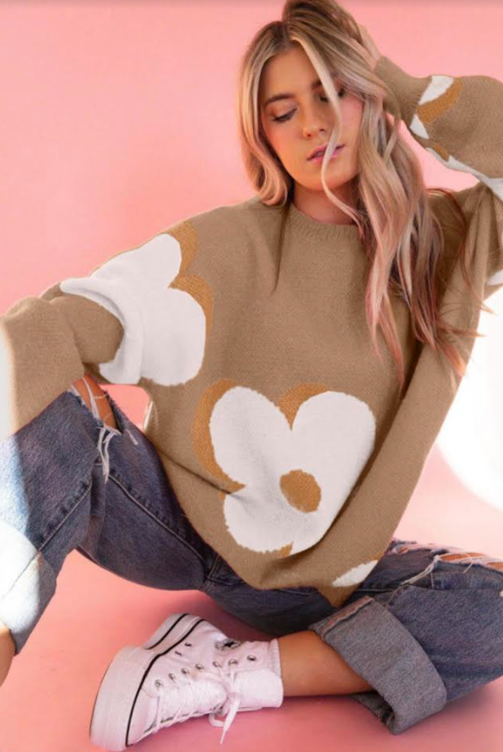 Camel Flower Pattern Slouchy Sweater