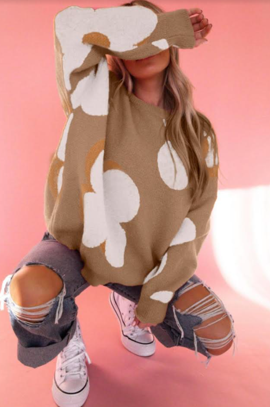 Camel Flower Pattern Slouchy Sweater