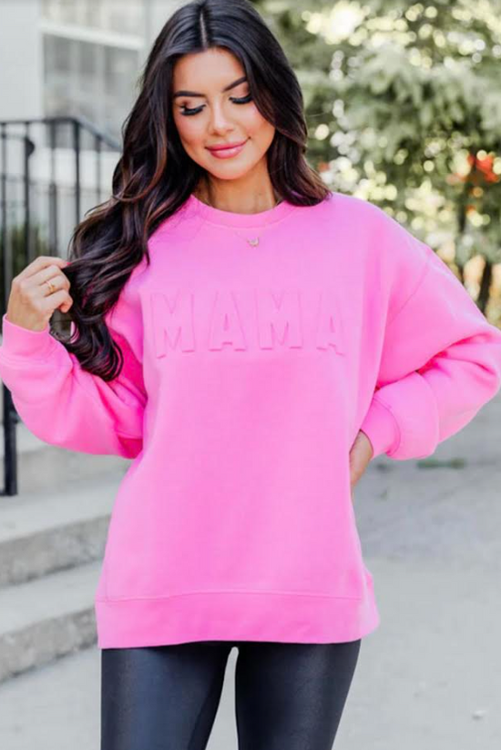 Bright Pink MAMA Letter Embossed Casual Sweatshirt