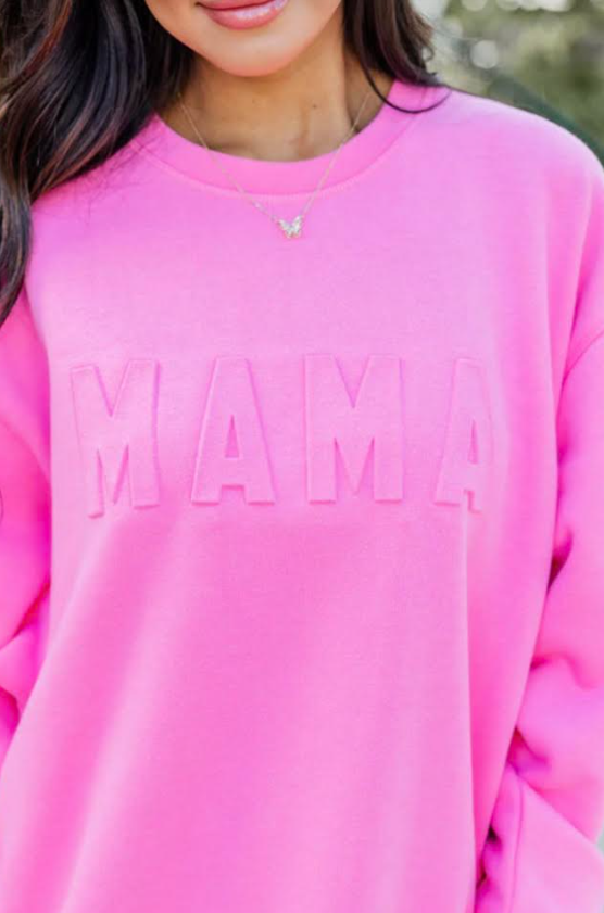 Bright Pink MAMA Letter Embossed Casual Sweatshirt