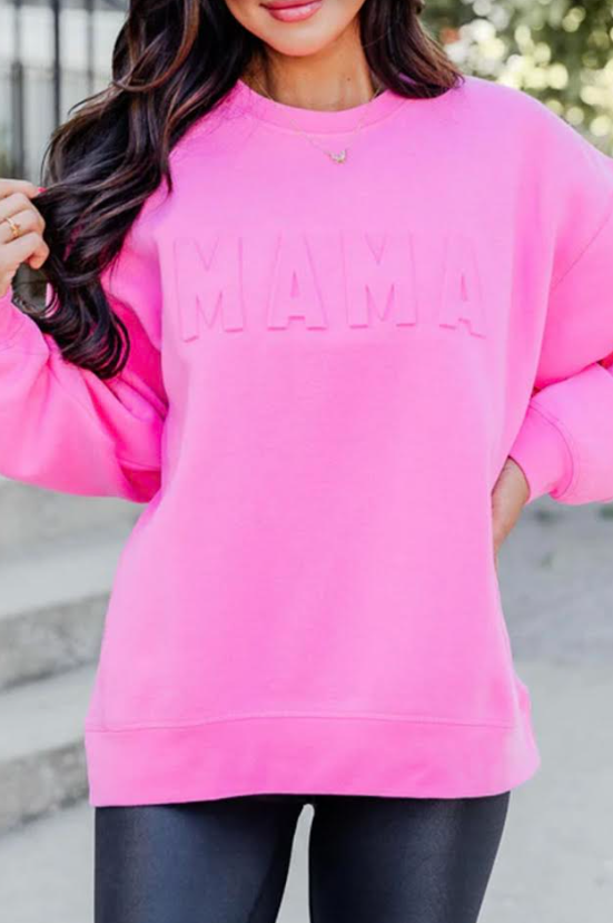 Bright Pink MAMA Letter Embossed Casual Sweatshirt