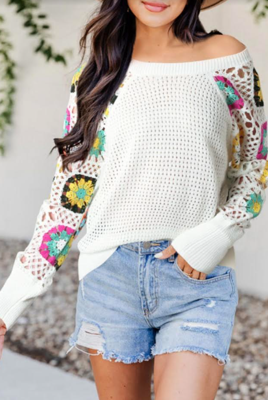 White Pointelle Floral Crochet Sleeve Sweater