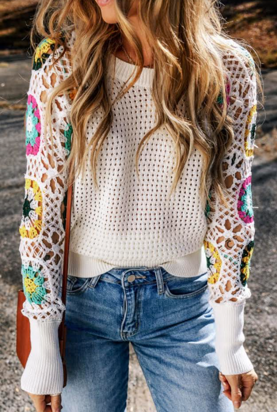 White Pointelle Floral Crochet Sleeve Sweater