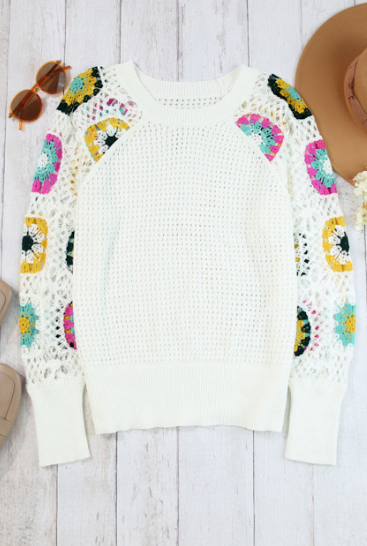 White Pointelle Floral Crochet Sleeve Sweater