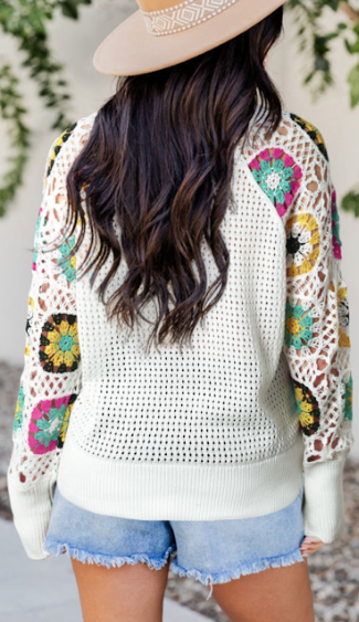 White Pointelle Floral Crochet Sleeve Sweater