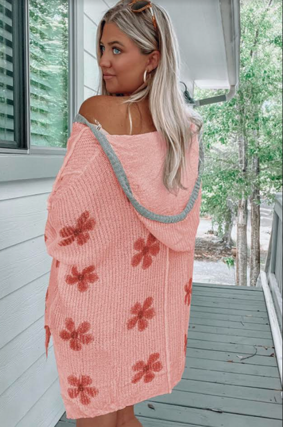 Blush Pink Floral Print Lightweight Knit Hooded Sweater