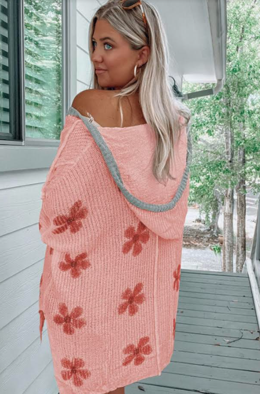 Blush Pink Floral Print Lightweight Knit Hooded Sweater