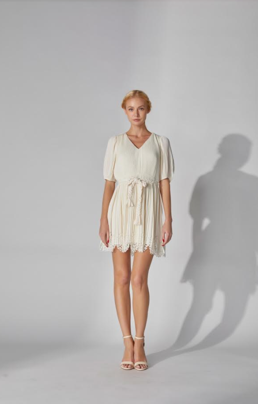 Off-white Pleated Mini Dress with Chain Waist Belt