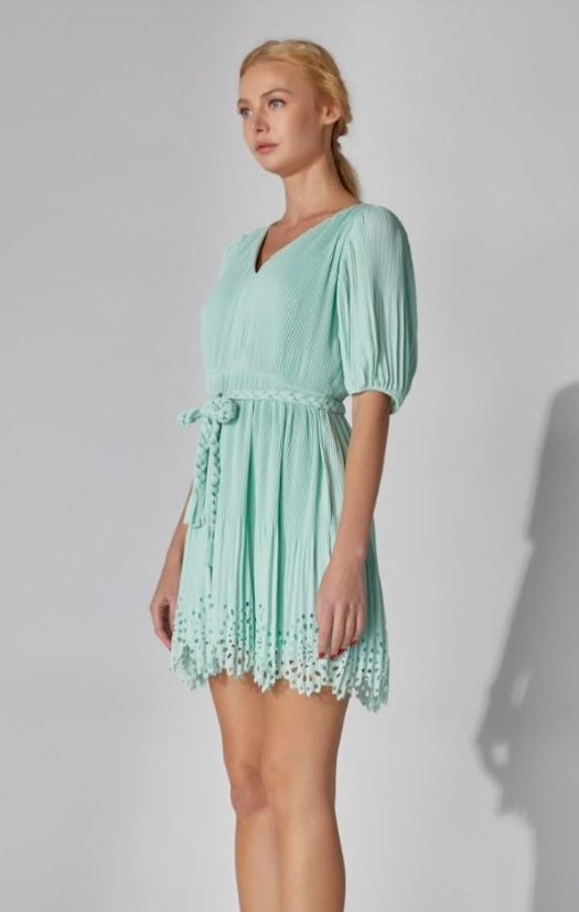 Sage Pleated Mini Dress with Chain Waist Belt