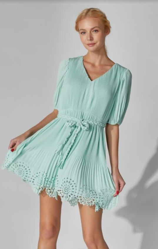 Sage Pleated Mini Dress with Chain Waist Belt