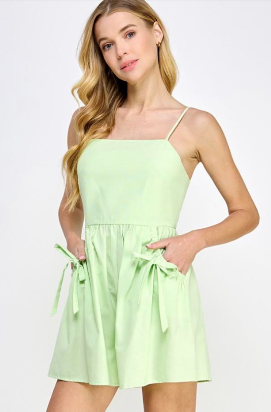 Light Lime Square Neck Bellow Pocket Flowy Romper