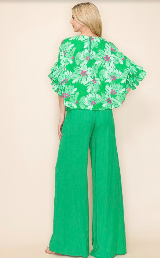 Grass Green Round Neck Ruffled Top with Zip-up.