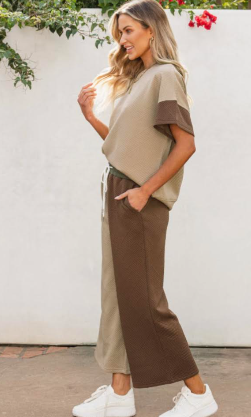 Brown/Beige Textured Top Cropped Wide Leg Pant Set