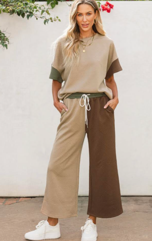 Brown/Beige Textured Top Cropped Wide Leg Pant Set