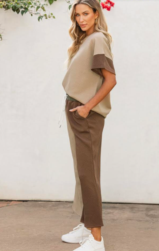 Brown/Beige Textured Top Cropped Wide Leg Pant Set