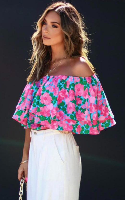 Rose Floral Off-Shoulder Tiered Ruffle Blouse