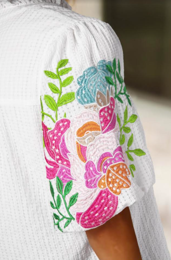 White Floral Design Embroidered Notch Neck Blouse