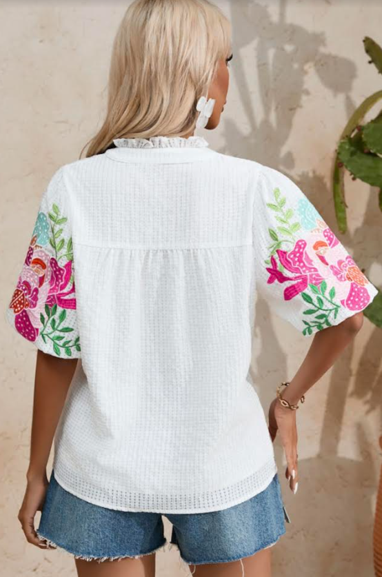 White Floral Design Embroidered Notch Neck Blouse