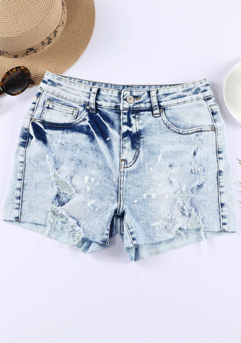 Light Wash Blue with White Paint Splashed Jeans Shorts